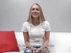 Casting of 20 yrs old young blonde goes slippery